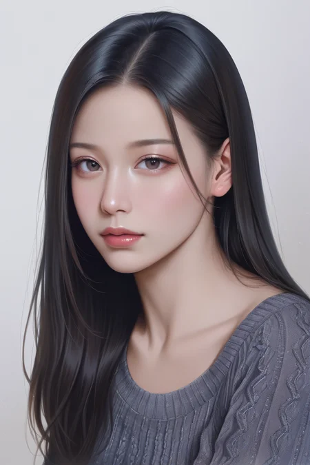 (photorealistic), masterpiece, best quality, newest, absurdres, highres, realistic human skin texture,
20 years old, 8k, hd, beautiful girl, 1girl, solo, black hair, long hair, straight hair,
1girl, detailed face, beautiful woman's face, sweater, simple background, looking at viewer,