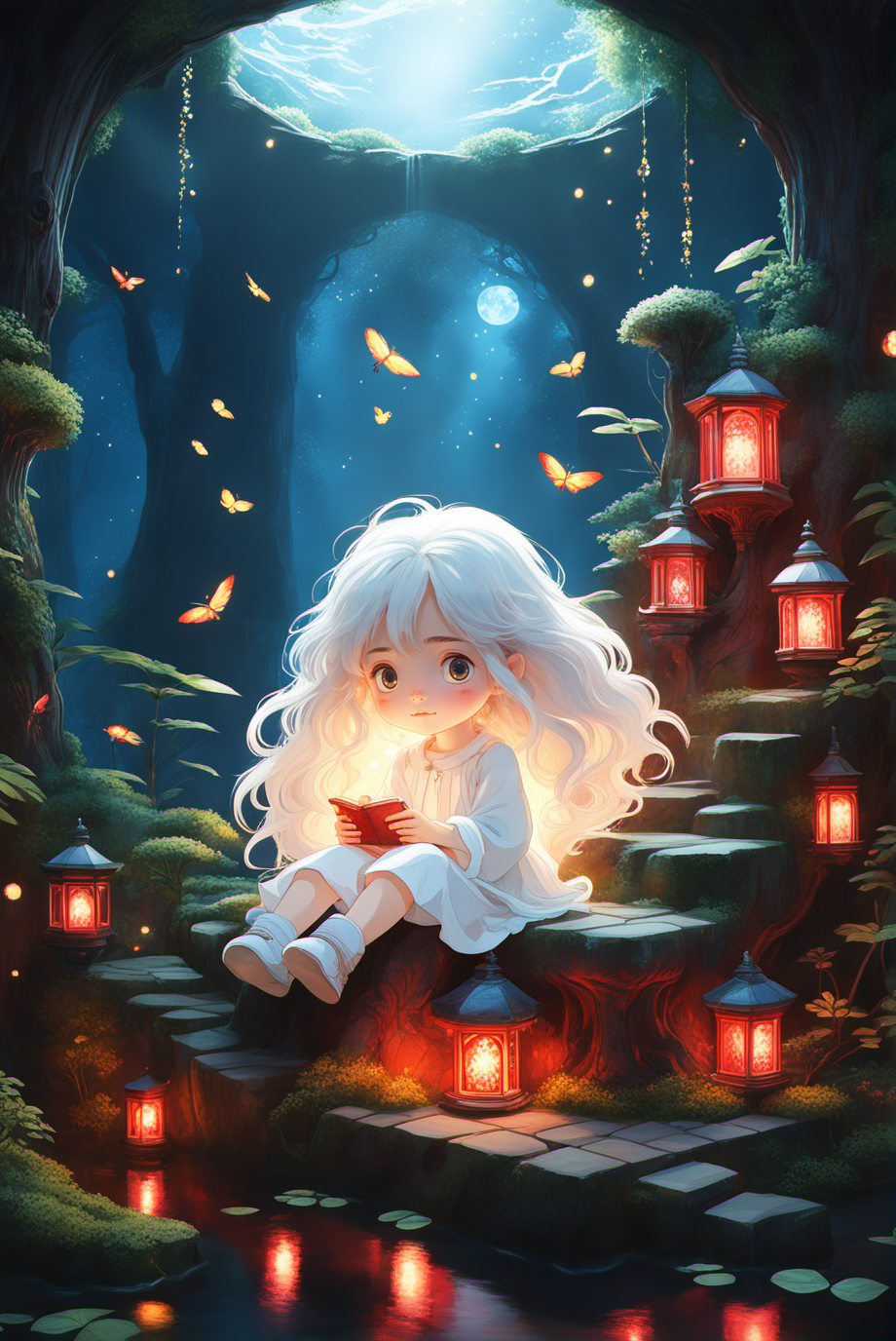 Studio Ghibli,1girl,long hair,white clothes,white hair,curly hair,Isolated on white background,light watercolor,bright,few details,sunlight,<lora:xl_more_art-full_v1:0.8>,
intricate linework,bright colors,behance contest winner,vanitas,angular,altermodern,unreal engine 5 highly rendered,global illumination,radiant light,detailed and intricate environment,soft focus,
mystical palace surrounded by a vast,shimmering lake.,red theme,fireflies,solo,cloudy sky,dark,no humans,night,tree stump,night,signature,garden,sunbeam,, (((masterpiece))),(((best quality))),((ultra-detailed))