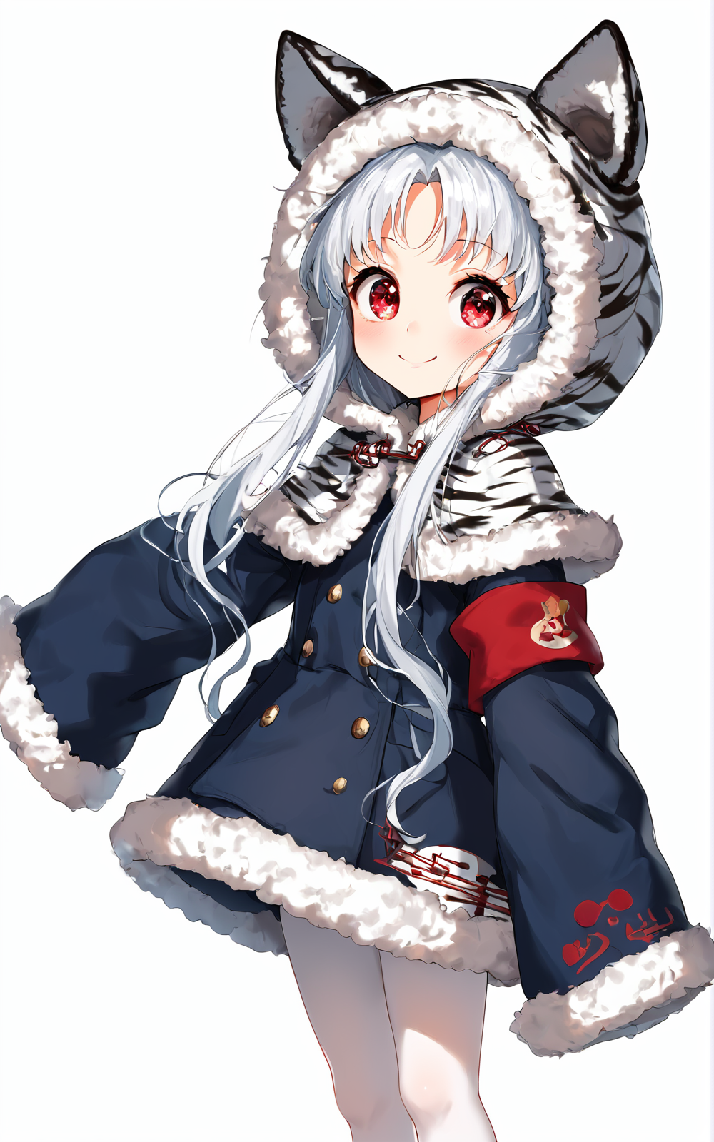 score_9,score_8_up,score_7_up,,source_anime BREAK, 1girl, solo,white background, perfect body, wide ass,, s1_dram, big face focus, smile,, ,acc, default, 1girl, binoculars, solo, sleeves past wrists, fur trim,  sleeves past fingers, pantyhose, long hair, long sleeves, fur-trimmed sleeves, animal hood, red eyes,white pantyhose, tiger print, parted bangs, fur-trimmed hood, looking at viewer, animal ears, armband, white hair, fake animal ears, capelet, hood up, animal print, coat,, jacket, fur-trimmed capelet<lora:S1_Dramatic_Lighting_v2:0.8>,<lora:é¿æ¥:1>