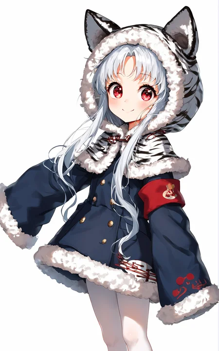 score_9,score_8_up,score_7_up,,source_anime BREAK, 1girl, solo,white background, perfect body, wide ass,, s1_dram, big face focus, smile,, ,acc, default, 1girl, binoculars, solo, sleeves past wrists, fur trim, sleeves past fingers, pantyhose, long hair, long sleeves, fur-trimmed sleeves, animal hood, red eyes,white pantyhose, tiger print, parted bangs, fur-trimmed hood, looking at viewer, animal ears, armband, white hair, fake animal ears, capelet, hood up, animal print, coat,, jacket, fur-trimmed capelet<lora:S1_Dramatic_Lighting_v2:0.8>,<lora:é¿æ¥:1>