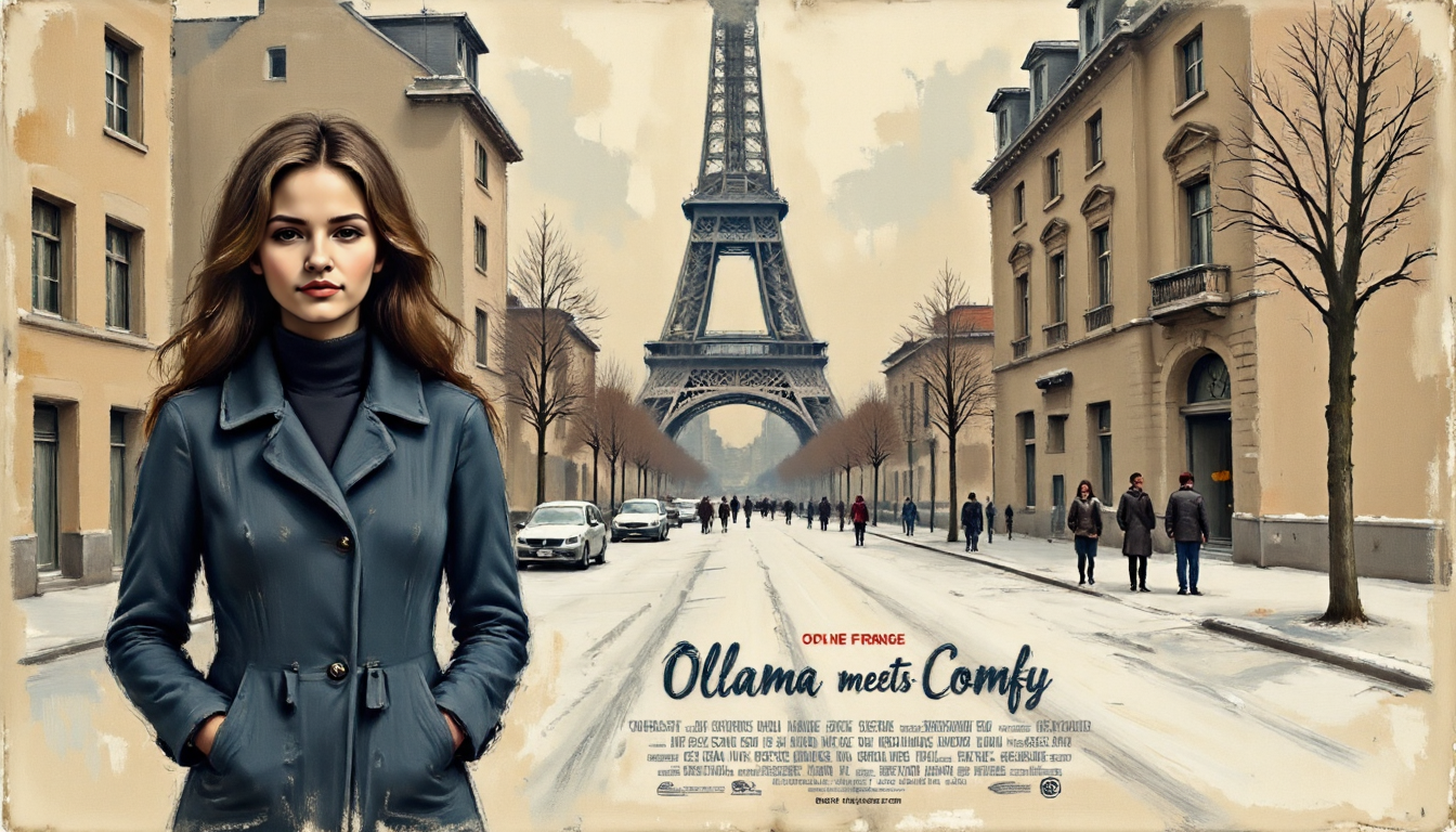 Clip L sketch painting, mvpstrCE style, aidmatextimprover,Movie Poster (Title "Ollama meets Comfy":1.5) A digital painting of a young woman standing in the middle of a snowy street in front of the iconic Eiffel Tower in Paris, france. the woman, who appears to be 20 years old, has long, wavy brown hair and is wearing a blue duffel coat. her expression is neutral, and she is looking directly at the viewer with her brown eyes. her lips are painted with red lipstick, adding a touch of elegance to the otherwise monochromatic image. the snow-covered street is lined with old-style buildings on both sides, and the eiffel tower stands tall in the background, casting a gentle glow over the scene. in the distance, a few other people can be seen walking along the street, adding to the serene atmosphere of the image.  1girl, long hair, looking at viewer, brown hair, black hair, long sleeves, 1boy, closed mouth, standing, outdoors, cowboy shot, coat, solo focus, artist name, tree, lips, blurry, snow, turtleneck, building, street, winter, snowing, streetlight, blue coat, realistic  outdoors, people, taut clothes, frecklesT5XXLsketch painting, mvpstrCE style, aidmatextimprover,Movie Poster (Title "Ollama meets Comfy":1.5) A digital painting of a young woman standing in the middle of a snowy street in front of the iconic Eiffel Tower in Paris, france. the woman, who appears to be 20 years old, has long, wavy brown hair and is wearing a blue duffel coat. her expression is neutral, and she is looking directly at the viewer with her brown eyes. her lips are painted with red lipstick, adding a touch of elegance to the otherwise monochromatic image. the snow-covered street is lined with old-style buildings on both sides, and the eiffel tower stands tall in the background, casting a gentle glow over the scene. in the distance, a few other people can be seen walking along the street, adding to the serene atmosphere of the image.  1girl, long hair, looking at viewer, brown hair, black hair, long sleeves, 1boy, closed mouth, standing, outdoors, cowboy shot, coat, solo focus, artist name, tree, lips, blurry, snow, turtleneck, building, street, winter, snowing, streetlight, blue coat, realistic  outdoors, people, taut clothes, freckles