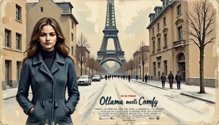 Clip L sketch painting, mvpstrCE style, aidmatextimprover,Movie Poster (Title "Ollama meets Comfy":1.5) A digital painting of a young woman standing in the middle of a snowy street in front of the iconic Eiffel Tower in Paris, france. the woman, who appears to be 20 years old, has long, wavy brown hair and is wearing a blue duffel coat. her expression is neutral, and she is looking directly at the viewer with her brown eyes. her lips are painted with red lipstick, adding a touch of elegance to the otherwise monochromatic image. the snow-covered street is lined with old-style buildings on both sides, and the eiffel tower stands tall in the background, casting a gentle glow over the scene. in the distance, a few other people can be seen walking along the street, adding to the serene atmosphere of the image.  1girl, long hair, looking at viewer, brown hair, black hair, long sleeves, 1boy, closed mouth, standing, outdoors, cowboy shot, coat, solo focus, artist name, tree, lips, blurry, snow, turtleneck, building, street, winter, snowing, streetlight, blue coat, realistic  outdoors, people, taut clothes, frecklesT5XXLsketch painting, mvpstrCE style, aidmatextimprover,Movie Poster (Title "Ollama meets Comfy":1.5) A digital painting of a young woman standing in the middle of a snowy street in front of the iconic Eiffel Tower in Paris, france. the woman, who appears to be 20 years old, has long, wavy brown hair and is wearing a blue duffel coat. her expression is neutral, and she is looking directly at the viewer with her brown eyes. her lips are painted with red lipstick, adding a touch of elegance to the otherwise monochromatic image. the snow-covered street is lined with old-style buildings on both sides, and the eiffel tower stands tall in the background, casting a gentle glow over the scene. in the distance, a few other people can be seen walking along the street, adding to the serene atmosphere of the image.  1girl, long hair, looking at viewer, brown hair, black hair, long sleeves, 1boy, closed mouth, standing, outdoors, cowboy shot, coat, solo focus, artist name, tree, lips, blurry, snow, turtleneck, building, street, winter, snowing, streetlight, blue coat, realistic  outdoors, people, taut clothes, freckles