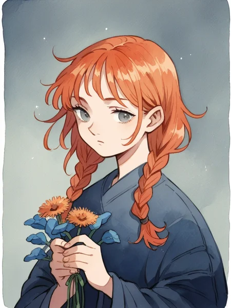source_anime, score_9, score_8_up, score_7_up, score_6_up, score_5_up, twin braids, flower, ginger hair, grey eyes, <lora:h31k4l4XLP:1> h31k4l4, watercolor