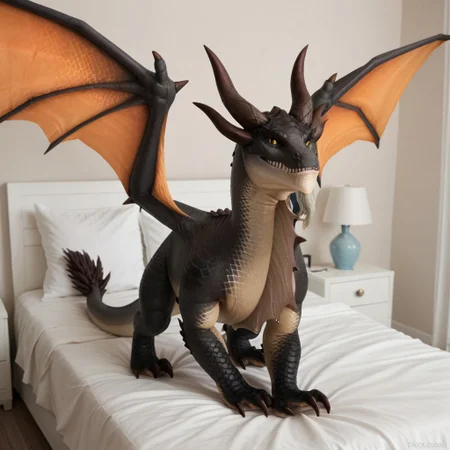 score_9, score_8_up, score_7_up, score_6_up, score_5_up, score_4_up, masterpiece, high quality, realistic, detailed, best quality, white bed, solo, rating_safe, source_furry, bedroom, smiling, seductive, looking at viewer, on bed, full body, ebyssian_wc, dragon, black scales, orange wings, horns, tail, tail end, claws, male, 1boy, yellow sclera, black pupils, chest fins, feral