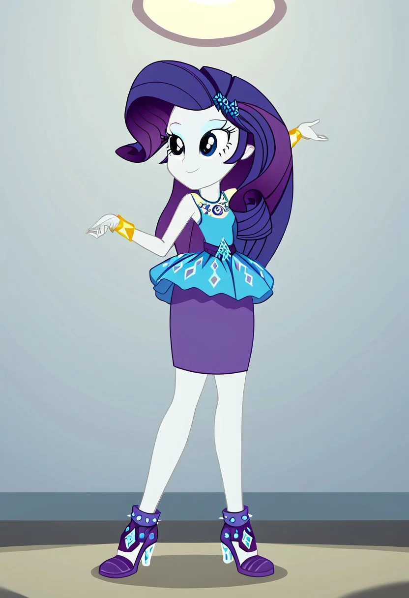 Score_9, Score_8_up, Score_7_up, Volumetric lighting, Tone the entire body, source_cartoon, source_cartoon, Official, rarity, equestria girls, bracelet, clothing, dress, woman, shielding geode, high heels, jewelry, legs, rarity peplum dress, shoes, skirt, Full body, sexy and sensual, sexy model body, Smiling, seductive and sensual look
