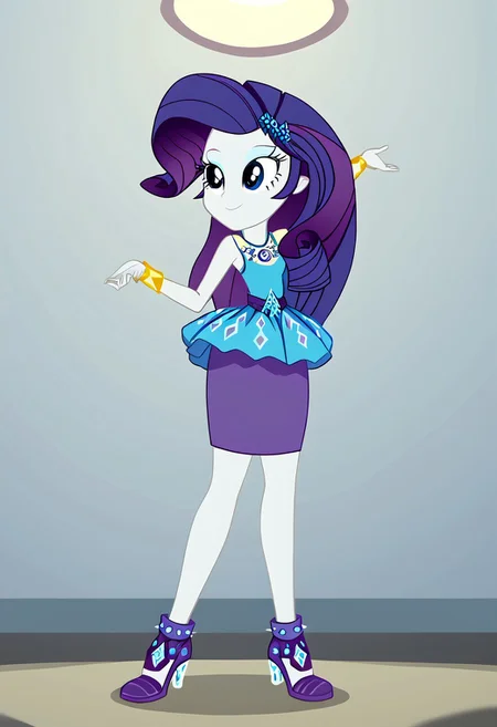 Score_9, Score_8_up, Score_7_up, Volumetric lighting, Tone the entire body, source_cartoon, source_cartoon, Official, rarity, equestria girls, bracelet, clothing, dress, woman, shielding geode, high heels, jewelry, legs, rarity peplum dress, shoes, skirt, Full body, sexy and sensual, sexy model body, Smiling, seductive and sensual look