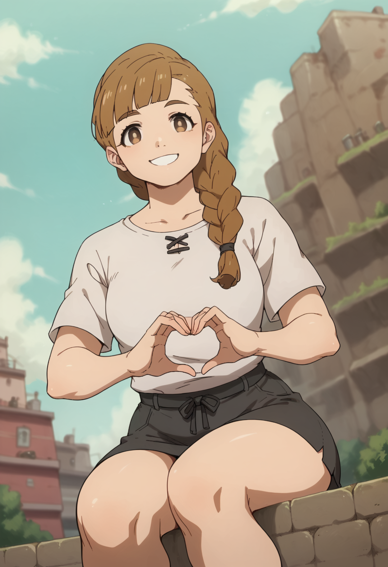 score_9, score_8_up, score_7_up, score_6_up,  from below, 1girl, solo, sitting, on cliff,  looking at viewer, heart hands, fei_deca, bangs, brown hair, brown eyes,  braid, single braid, smile,  <lora:fei_deca:0.8>, (curvy),  outdoors,  <lora:MoriiMee_Gothic_Niji_Style__Pony_LoRA_V2_Alt:0.5> morimee_style,