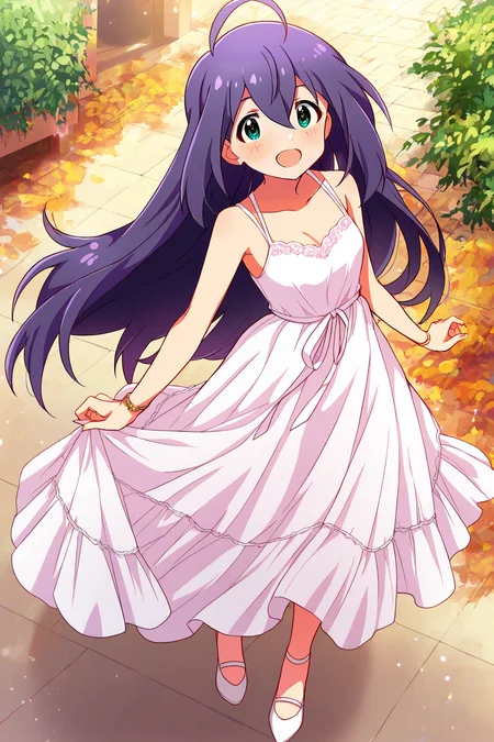 masterpiece,best quality,very aesthetic,absurdres,highres,newest,official art,official style,
1girl,solo,
mochizuki anna,purple hair,green eyes,ahoge,
dress,white dress,sleeveless dress,
<lora:eye_focus_illus:1>,eye_focus,
standing,full body,
<lora:idolmaster_mochizuki_anna_ill_v1.0:1>,