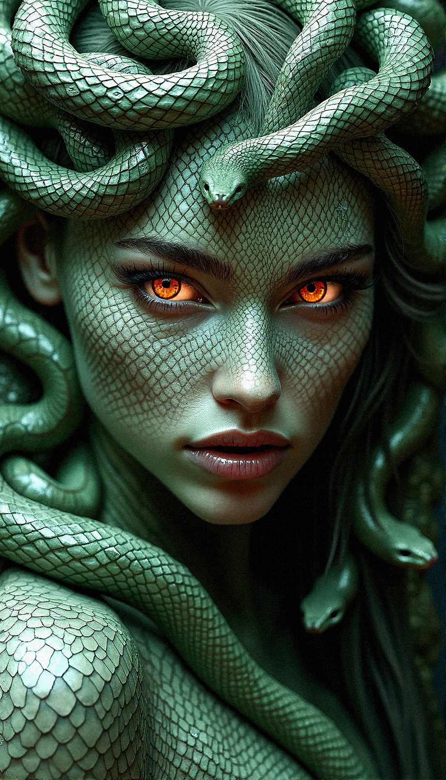 a hyper-realistic close-up portrait of a Medusa-inspired woman with snake hair and skin covered in intricate, diamond-patterned scales, like those of a real snake. Her skin should have a greenish hue, with each scale meticulously detailed and reflecting light in a way that gives her an almost metallic sheen. Her eyes are a fiery orange, filled with intensity and mystery, contrasting with the cool tones of her reptilian skin. The snakes in her hair should be rendered with the same scaly texture, each serpent’s scales catching the light and showing a similar pattern to her skin, as if they are extensions of herself.

The overall composition should give the impression of a living armor, with the scaly texture continuing across her neck, shoulders, and chest, blending seamlessly into her skin. The background should be kept neutral, allowing the complex textures and intricate details of her scales and the snakes to stand out. Aim for a photorealistic effect that captures the interplay of light on her scales, the depth of her gaze, and the tactile quality of her snake hair, blending fantasy and hyper-realism in a striking way. Lips slightly parted with a look of surprise, as if reacting to something unexpected, her gaze intense.































