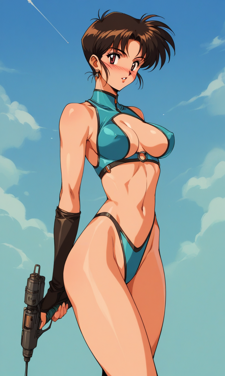 score_9, score_8_up, score_7_up, score_6_up, score_5_up, score_4_up, source_anime, 1980s_(Style), retro_artstyle, 3ighti3sstyl3, 1woman, revealing clothes, blush, solo focus, science_fiction  