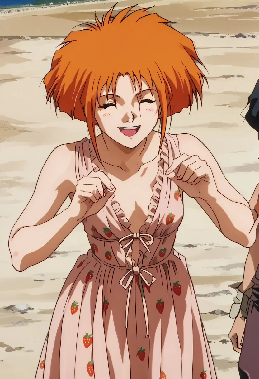 oficial art, detailed anime, screencap, score_9, score_8_up, score_7_up, score_6_up, master piece, anime coloring, source_anime, detailed eyes, retro artstyle, 1990s \(style\), 1girl, orange hair, medium breast, perfect body, large hips, young, strawberry dress, feminine curves, 1990s \(style\), closed eyes, happy face, smiling face, leaning forward, head slightly tilted, standing, cowboy shot, (((comercial street background))), cute pose, NEGATIVE_HANDS