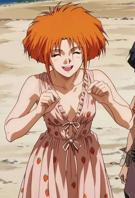 oficial art, detailed anime, screencap, score_9, score_8_up, score_7_up, score_6_up, master piece, anime coloring, source_anime, detailed eyes, retro artstyle, 1990s \(style\), 1girl, orange hair, medium breast, perfect body, large hips, young, strawberry dress, feminine curves, 1990s \(style\), closed eyes, happy face, smiling face, leaning forward, head slightly tilted,  standing, cowboy shot, (((comercial street background))), cute pose, NEGATIVE_HANDS