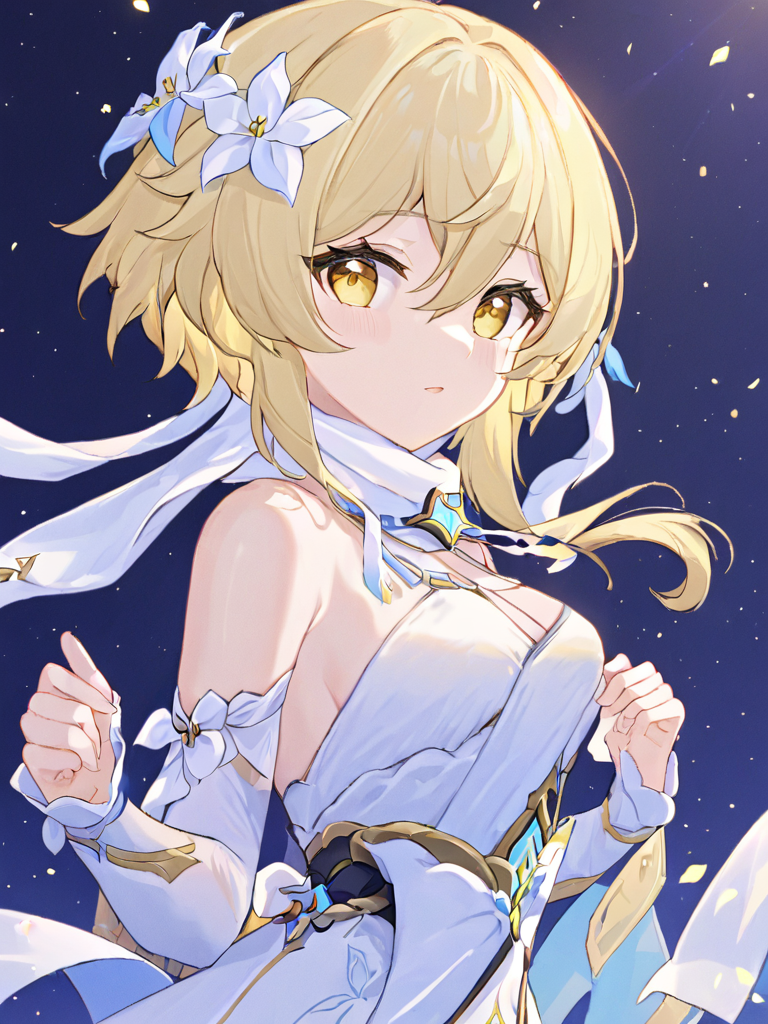 ultra-detailed,(best quality),((masterpiece)),(highres),original,extremely,    <lora:yingx_xl-000010:1>,(\ying\), 1girl, lumine \(genshin impact\), solo, blonde hair, flower, dress, hair flower, hair ornament,,yellow eyes, white dress, detached sleeves,  bangs, hair between eyes,  white flower, short hair with long locks, white scarf