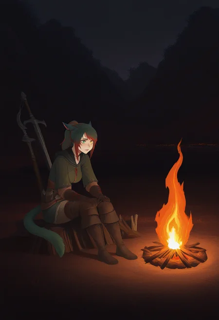 masterpiece, best quality, absurdres, CatGirlStyle,
1girl, siriha, miqo'te, green hair, red hair, two-tone hair, tail, heterochromia, yellow eyes, green eyes,
adventurer,
sitting, campfire, sword in campfire, bonfire \(dark souls\),
night, dark, warm lighting, orange glow