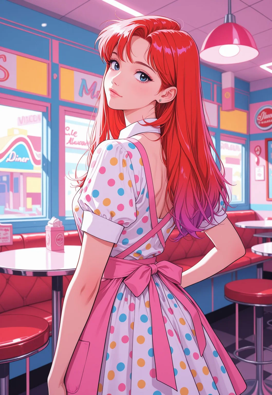 masterpiece, best quality, 8k, highres, anime coloring, pastel colors, vibrant colors, neon aesthetic, 90s miami aesthetic, colorful, bright lighting, high contrast, fashion shoot, fashion model, looking at viewer, eye-level view, 1girl, solo, long hair, red hair, black highlights, windswept hair, hair behind ear, loose hair strand, confident expression, head tilt, old school diner waitress, red and white polka dot dress,