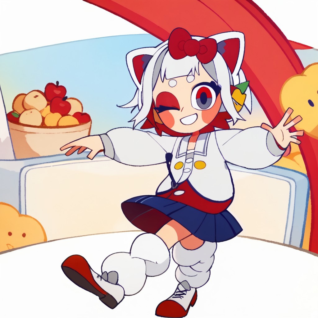 score_9, score_8_up, score_7_up BREAK HKGrl, 1girl, white hair, white bob cut, red gray eyes, pink cheeks, red hair bow, apple hairclips, white red cat ears, open white blue red yellow-button jacket, white buttoned undershirt, pleated dark blue skirt, long loose socks, red white shoes, full body, closed smile, winking at viewer,