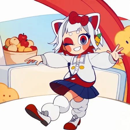 score_9, score_8_up, score_7_up BREAK HKGrl, 1girl, white hair, white bob cut, red gray eyes, pink cheeks, red hair bow, apple hairclips, white red cat ears, open white blue red yellow-button jacket, white buttoned undershirt, pleated dark blue skirt, long loose socks, red white shoes, full body, closed smile, winking at viewer,