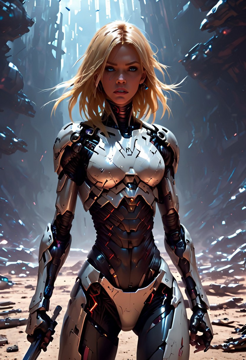 cpunk, IBG, 4ng3l face
1girl, cyborg body, blonde hair, beautiful face, holding a sword, walking towards viewer, dead cyborgs on the ground, sci fi background