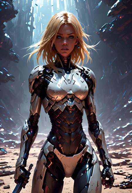 cpunk, IBG, 4ng3l face
1girl, cyborg body, blonde hair, beautiful face, holding a sword, walking towards viewer, dead cyborgs on the ground, sci fi background