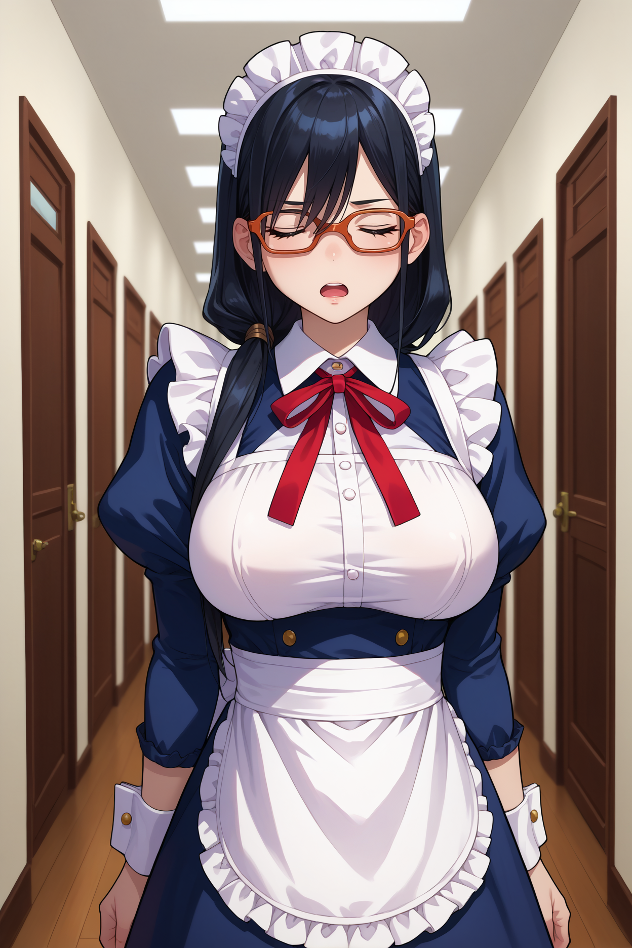 score_9, score_8_up, score_7_up, score_6_up, source_anime, 1girl, solo, <lora:kouenjimiko-pdxl-nvwls-v1-000006:1> kouenjim, black hair, hair over shoulder, long hair, glasses, red-framed eyewear, large breasts, maid headdress, maid dress, puffy sleeves, wrist cuffs, apron, looking at viewer, closed eyes, sigh, open mouth, hallway, indoors