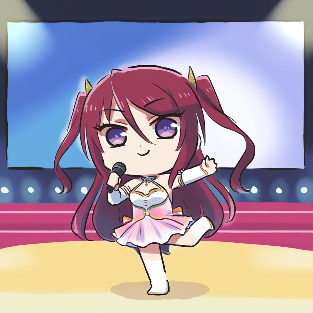 newest stylish, extreme aesthetic, 1girl, solo, BeatriceKushan, standing on one leg, purple eyes, dancing, reaching towards viewer, hand up, holding microphone, > o, pink dress, smile, juliet sleeves, bare shoulders, detached sleeves, two side up, looking at viewer, chibi, full body, xinzoruo, stage, screen, spotlight, <lora:Bea&KilaKushan-ilxi01:0.5>, <lora:XinzoruoStyle2_AnimagineXLv3:0.5>