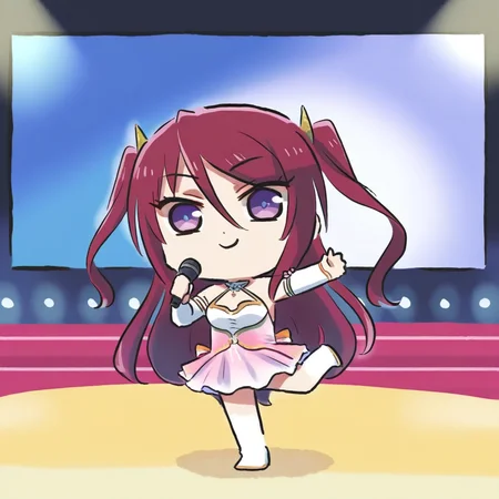 newest stylish, extreme aesthetic, 1girl, solo, BeatriceKushan, standing on one leg, purple eyes, dancing, reaching towards viewer, hand up, holding microphone, > o, pink dress, smile, juliet sleeves, bare shoulders, detached sleeves, two side up, looking at viewer, chibi, full body, xinzoruo, stage, screen, spotlight, <lora:Bea&KilaKushan-ilxi01:0.5>, <lora:XinzoruoStyle2_AnimagineXLv3:0.5>
