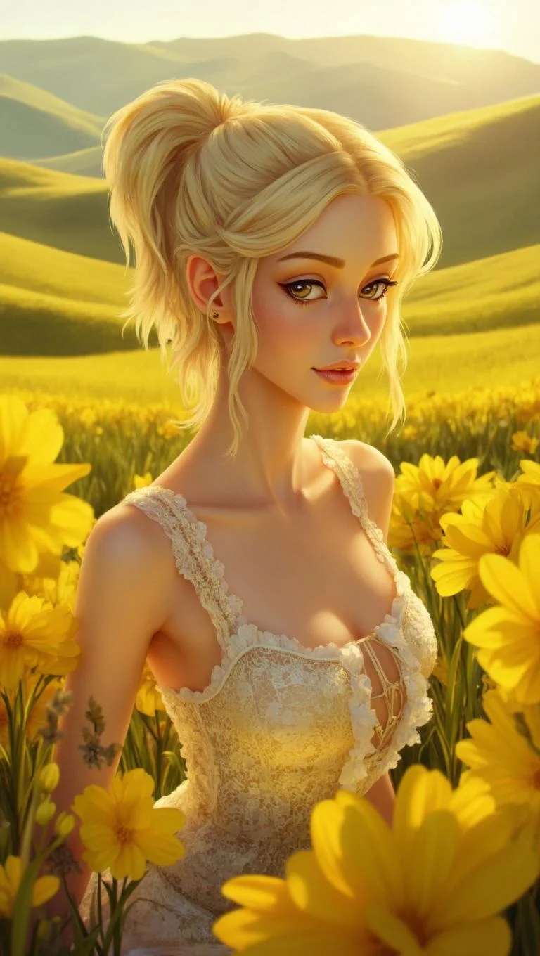 <lora:ck-LttleGhost-000011.safetensors:1> in the style of ck-lttlegh0stA adult woman with a fair complexion and blonde hair in a high ponytail stands amidst a vibrant backdrop of yellow wildflowers. Her vintage-inspired lace dress is adorned with delicate ruffles, and she is bathed in soft, golden light. The blurred rolling hills behind her add to the dreamy, idyllic atmosphere, exuding serene beauty and timeless elegance.