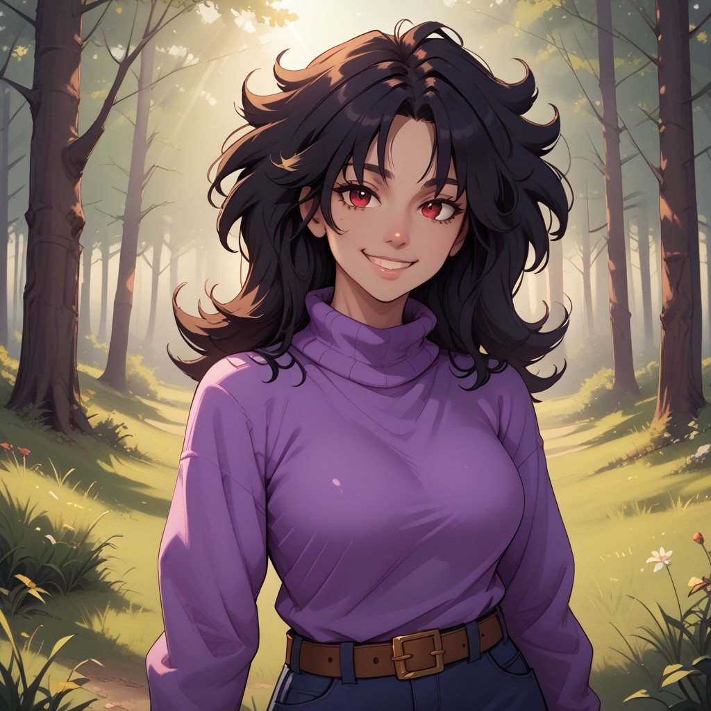 score_9, score_8, BREAK, solo, Sarah Henderson, messy hair, black hair, red eyes, purple sweater, pink strip, belt, blue pants, sexy pose, self portrait, smile, outdoors, sunlight, shadows, evening lighting, natural lighting, forest, trees, grass, orange sky, sunset