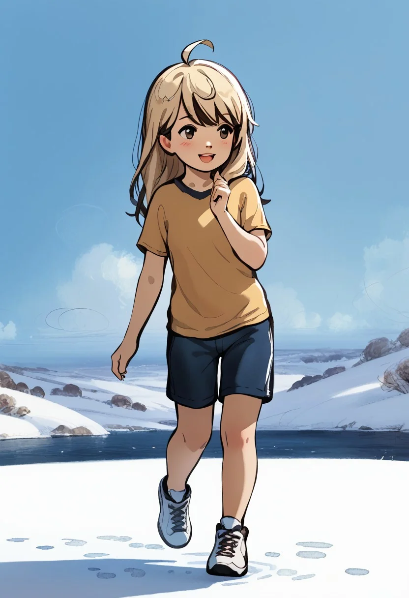 TheBMFH, storybook-inspired backgrounds, watercolor and sketch hybrid art style, warm pastel color palette, soft gradients, whimsical, atmospheric storytelling, simplified yet expressive features, textured brushstrokes, organic brushstrokes, serene environments, contemplative environments, emotional connection
score_9, score_8_up, score_7_up,1girl, solo, colorfull, shorts, shirt, shoes, open mouth, short sleeves, smile, blush, bangs, :d, long hair, full body, t-shirt, sneakers, ahoge, looking away, hand up,