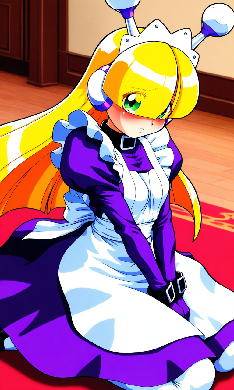 general,highres, ultra-detailed,very aesthetic,best quality ,best hands, BREAK <lora:Tesse_Lombrozo_WakuWaku7_Ver2.1_IS:1>
Tesse_Lombrozo, 1girl, solo, very long hair, blonde hair, bangs, robot ears, maid headdress, small breasts, 
green eyes, hair over one eye, eyes visible through hair,
maid, purple dress, long sleeves, puffy sleeves, white apron, maid apron, juliet sleeves, white thighhighs, purple gloves,  
sitting, v arms, parted lips, embarrassed,seiza,
room, flooring,