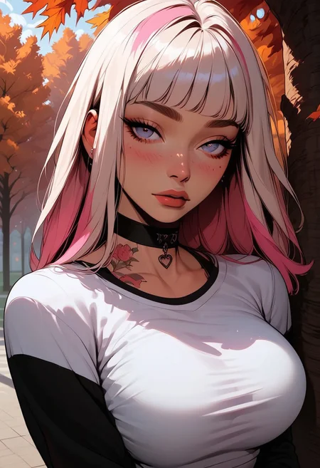 Score_9, Score8_up, Score_7_up, (((High Resolution, Best Quality))),
1girl, solo, toned arms, white blonde hair, single pink streak in hair, Covered in Tattoos, neck tattoos,
white t-shirt, long black sleeves, tight shirt, large breasts, choker,
seducing, seductive, flirty, tender, loving, playful, looking at viewer, shy body language,
Leaning against tree,
Outside, park, autumn, leaves blowing in the wind, Cloudy Sky,