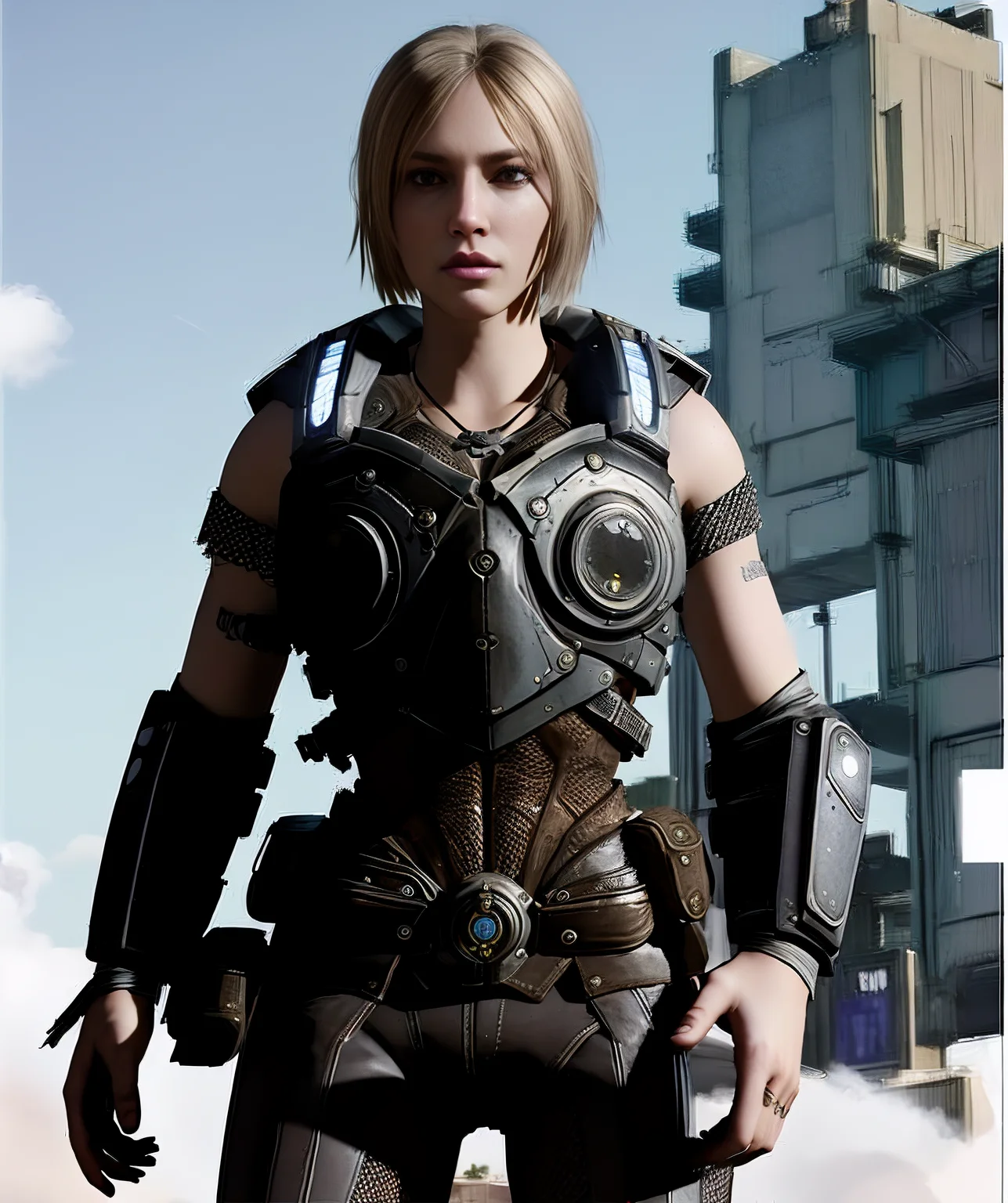 anya_stroud, natural color, standing, looking to viewer, armor, caucasian, serious face, <lora:Anya_Stroud:0.85>
