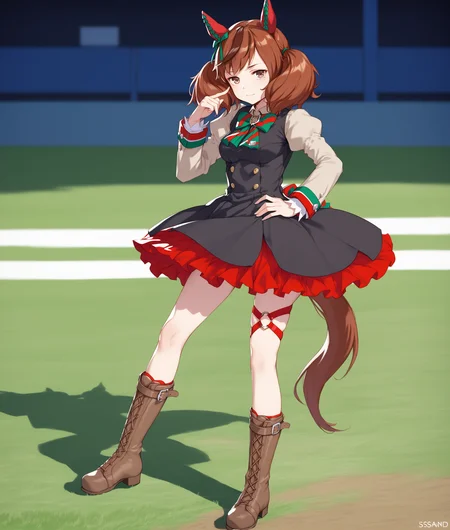 score_9, score_8_up, score_7_up BREAK
(grassland, racing, people:1.3),
shobufuku, 1girl, solo, breasts, looking at viewer, brown hair, shirt, long sleeves, dress, bow, animal ears, twintails, brown eyes, closed mouth, standing, tail, full body, multicolored hair, boots, puffy sleeves, hand up, medium hair, black dress, streaked hair, hand on hip, buttons, brown footwear, knee boots, horse ears, juliet sleeves, black background, horse girl, horse tail, cross-laced footwear, lace-up boots, ear covers,
(thighlet, leg warp, o-ring),
<lora:Nice Nature-ponyXL:0.9>,