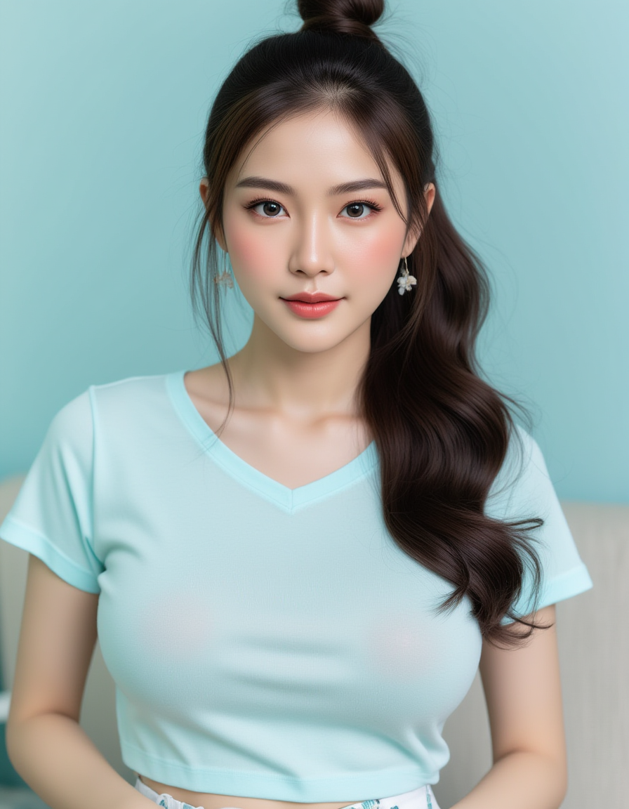 [5][FLUX_108]Realistic photograph, Against a soft, gradient cotton cyan background, a stunning large breasts 28 years old Japanese woman with long, flowing dark hair, her piercing gaze directly addressing the viewer. perfect round breasts, mole on breast,  large areolas, inverted nipples, thick thighs, brown eyes, messy updo, flower shaped earrings, ((plain light cyan shirt)), ((White floral skirt, white short skirt)),kitchen, happy, smile, bent over table, pants pulled down, male pov, doggystyle sex, vaginal sex, exposed asshole, ass grab, squeezing ass, fast motion lines, moaning, , <lora:JittayaFluxV1:1>, <lora:flux-RealismLora :1>,
