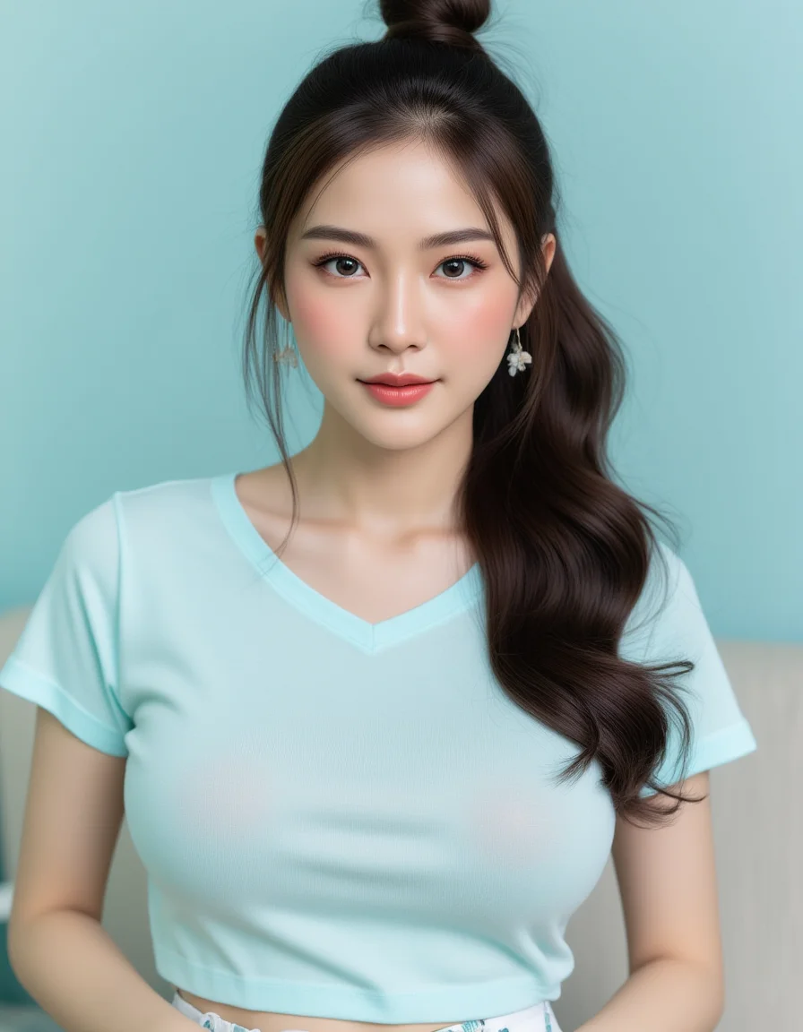[5][FLUX_108]Realistic photograph, Against a soft, gradient cotton cyan background, a stunning large breasts 28 years old Japanese woman with long, flowing dark hair, her piercing gaze directly addressing the viewer. perfect round breasts, mole on breast,  large areolas, inverted nipples, thick thighs, brown eyes, messy updo, flower shaped earrings, ((plain light cyan shirt)), ((White floral skirt, white short skirt)),kitchen, happy, smile, bent over table, pants pulled down, male pov, doggystyle sex, vaginal sex, exposed asshole, ass grab, squeezing ass, fast motion lines, moaning, , <lora:JittayaFluxV1:1>, <lora:flux-RealismLora :1>,
