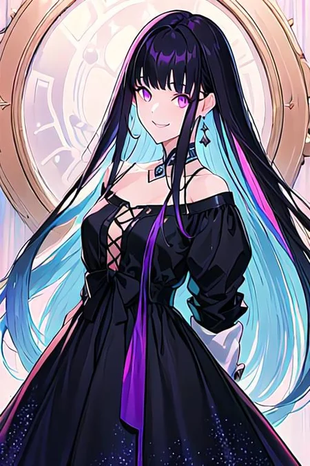 selena, black hair, multicolored hair, bangs, long hair, purple eyes, black dress, long sleeves, looking at viewer, 1girl, solo, masterpiece, best quality, leaning forward, smile, arms behind back,