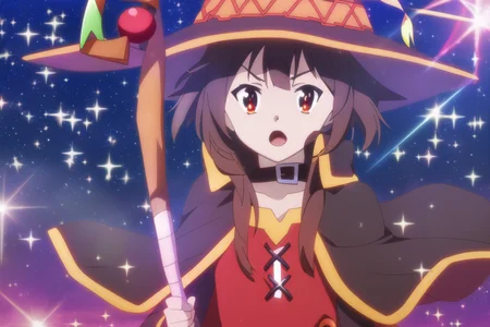 Megumin, holding staff, casting, close-up; sparkle; night;