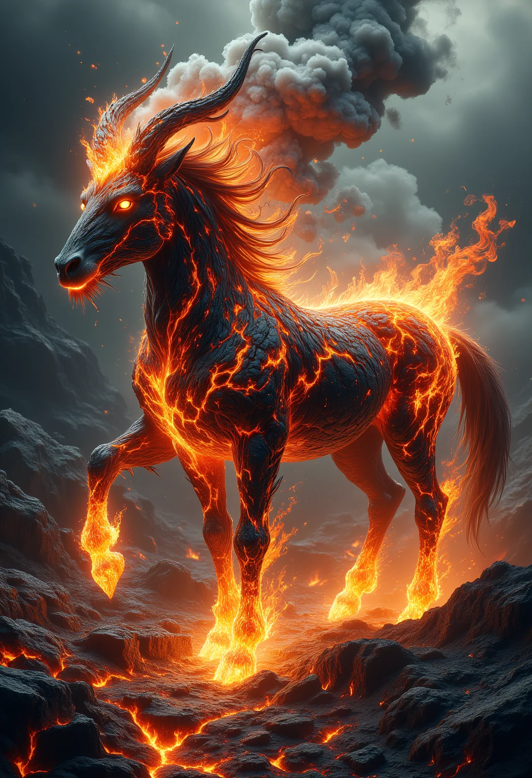 A centaur composed of bubbling lava, steam rising from its fiery form. aidmaMJ6.1 ral-ertmsphr ral-faize