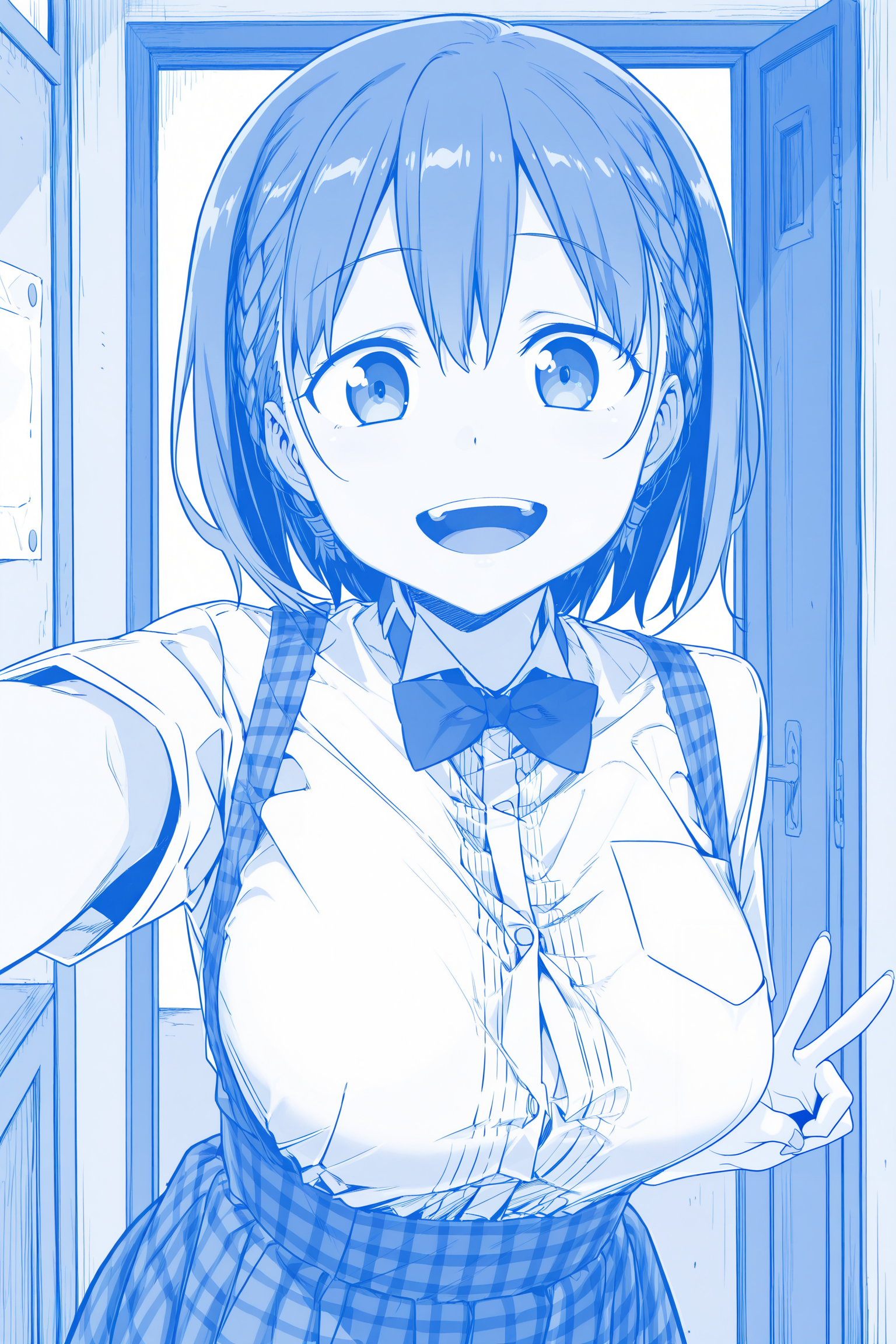 anime screencap, anime coloring, detailed face, masterpiece, best quality, very aesthetic, absurdres, volumetric lighting, official style, amazing quality, ultra detailed, highres, amazing quality, scenery, beautiful detailed hair, beautiful detailed eyes,
 <lora:Ai-chan_Tawawa_on_Monday:1>
blue theme, monochrome, official style, 
Ai-chan (character), 1girl,  breasts, solo, large breasts, open mouth, smile, braid, looking at viewer, button gap, short hair, bow, v, cowboy shot