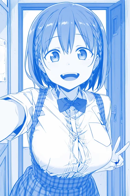 anime screencap, anime coloring, detailed face, masterpiece, best quality, very aesthetic, absurdres, volumetric lighting, official style, amazing quality, ultra detailed, highres, amazing quality, scenery, beautiful detailed hair, beautiful detailed eyes,
 <lora:Ai-chan_Tawawa_on_Monday:1>
blue theme, monochrome, official style, 
Ai-chan (character), 1girl,  breasts, solo, large breasts, open mouth, smile, braid, looking at viewer, button gap, short hair, bow, v, cowboy shot