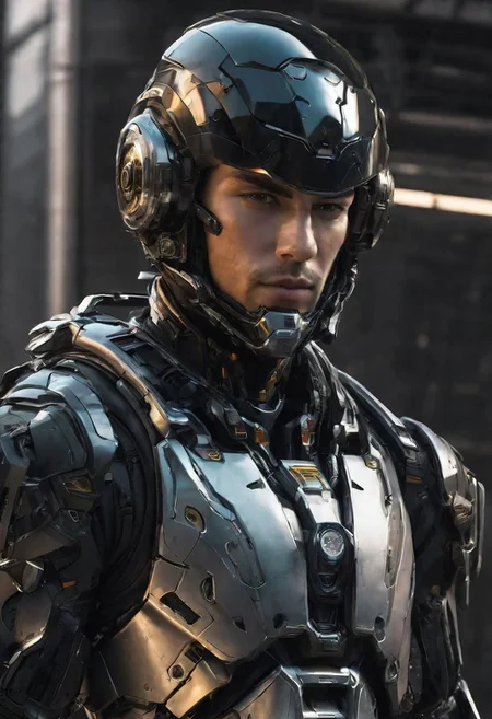 portrait of a soldier, man, cyberpunk, cyber warrior, wearing a black suit with a future theme and metal parts, (wearing a helmet:1.2), sci-fi, science fiction, sci-fi action scence, symmetrical eyes, fine details best quality, hyperdetailed face, photorealistic, highest quality, best shadow, high contrast, character design, moody, film grain, dark, highly detailed. photography, professional, 4k, 8k HD, highly detailed, professional