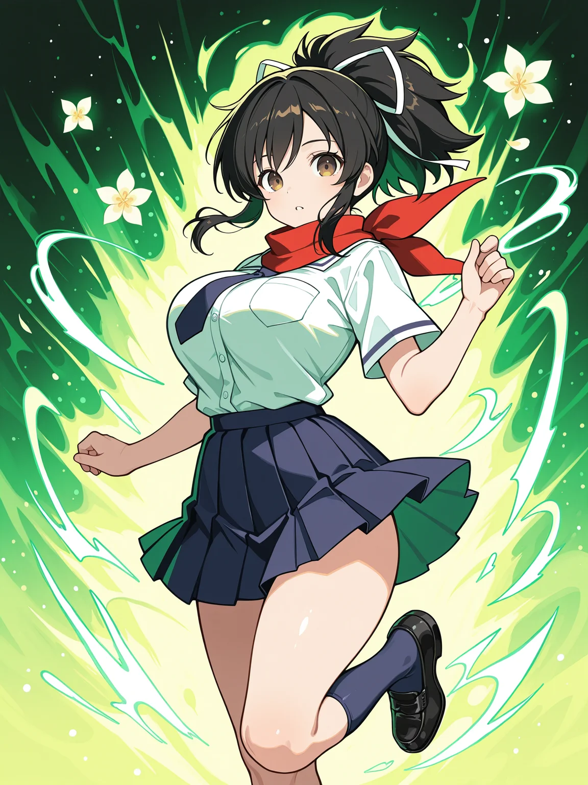 masterpiece, best quality, amazing quality, by [diyokama|say hana|lam]
(solo:1.4), Asuka_IL, brown eyes, black hair, ponytail, white hair ribbon, large breasts, red scarf, hanzo_school_clothes, white shirt, short sleeves, blue stripe piping, blue necktie, blue skirt, pleated skirt, blue knee socks, black loafers, 
full body, floating, looking at viewer, flower, parted lips, abstract background, energy, green green theme, universe, cowboy shot
<lora:SK_Asuka_IL:0.8>