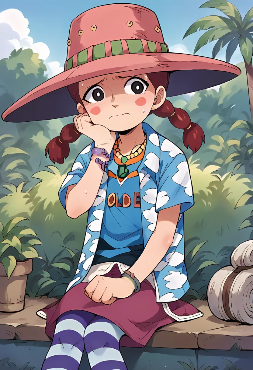 score_9, score_8_up, score_7_up, source_anime, masterpiece, 1girl, ctianmari, hat, striped pantyhose, hawaiian shirt, blue shirt, pink skirt, necklace, bracelet, blush stickers, outdoors, nervous, blush, sweat drop, sitting, <lora:MsGoldenweek_pony_ct:0.8>
