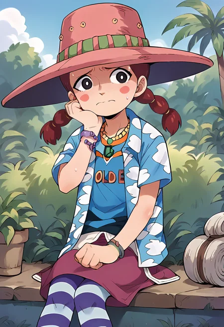 score_9, score_8_up, score_7_up, source_anime, masterpiece, 1girl, ctianmari, hat, striped pantyhose, hawaiian shirt, blue shirt, pink skirt, necklace, bracelet, blush stickers, outdoors, nervous, blush, sweat drop, sitting, <lora:MsGoldenweek_pony_ct:0.8>