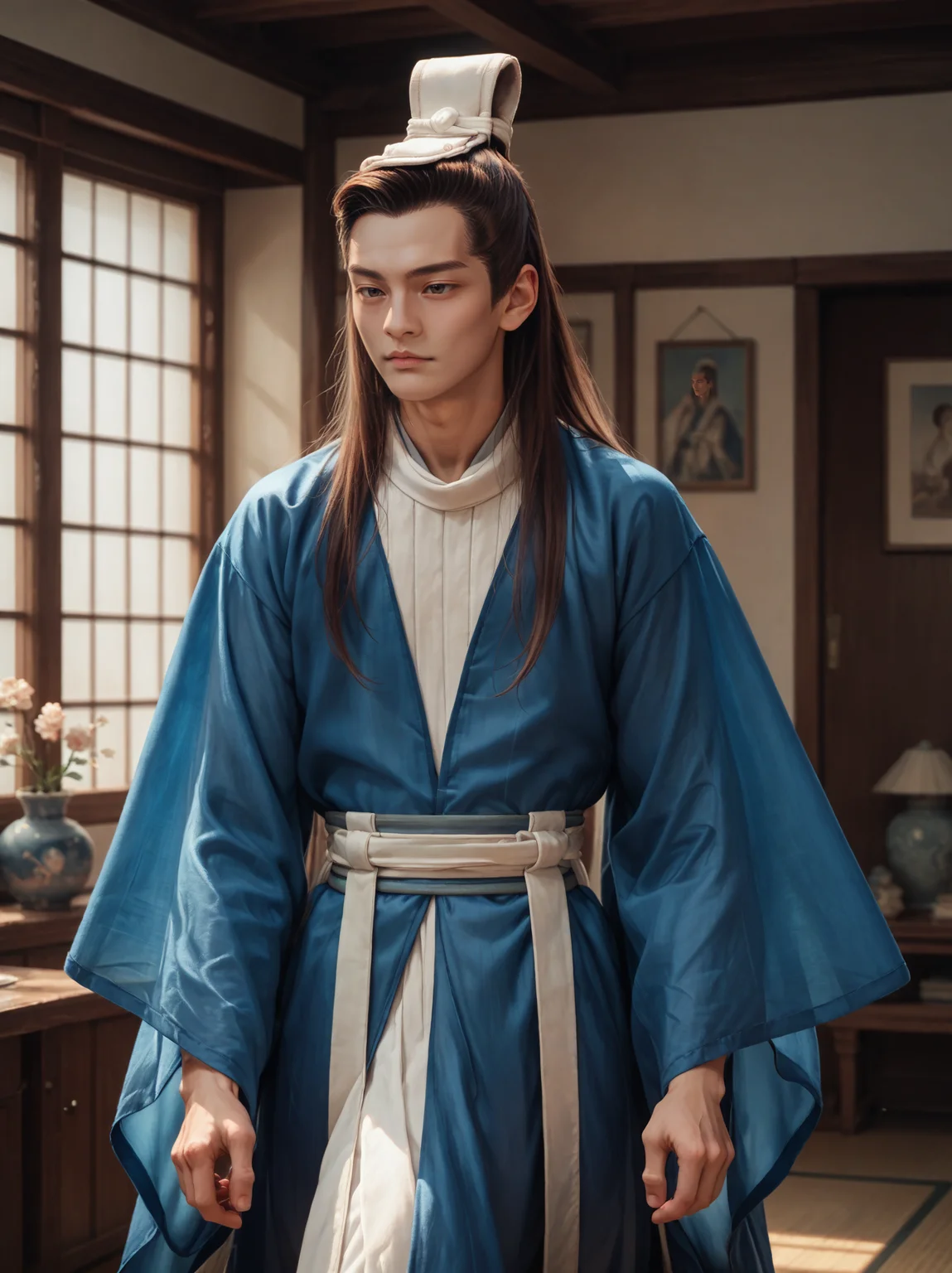 score_9, score_8_up, score_7_up, 1boy, indoors, wide sleeves, long sleeves, blue hanfu, toned, long hair, brown hair, standing, yulexuanb, single bun, bun cover, detailed realistic photo, <lora:yulexuanbluesdxlponyv1:0.8>