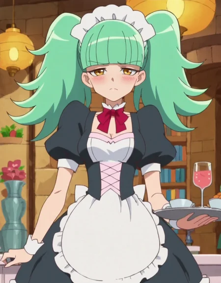 score_9, score_8_up, score_7_up, anime screencap, solo,1girl,light green hair, twintails, yellow eyes,looking at viewer, medium breasts, blunt bangs, closed mouth, long hair, maid, maid headdress,apron,blush ,<lora:bibury:0.8>