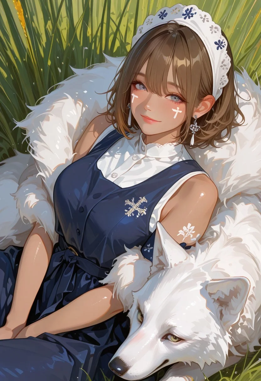 realistic,HassaKu_illu, artist:moriimee, 748cmstyle, jsyu_style, 2025. 06,
(1girl, solo), mature woman, (san), relaxed, resting, in tall grass, white wolf, dynamic angle, solo, short hair, brown hair, grey eyes, headband, face paint, earrings, white sleeveless top, navy under dress, arm cuffs, fur headdress, fur cape, light-skinned female, female focus, looking at viewer, smiling, tall grass, blush, sunny, daytime