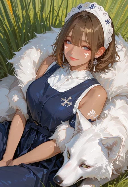 realistic,HassaKu_illu, artist:moriimee, 748cmstyle, jsyu_style, 2025. 06, 
(1girl, solo), mature woman, (san), relaxed, resting, in tall grass, white wolf, dynamic angle, solo, short hair, brown hair, grey eyes, headband, face paint, earrings, white sleeveless top, navy under dress, arm cuffs, fur headdress, fur cape, light-skinned female, female focus, looking at viewer, smiling, tall grass, blush, sunny, daytime