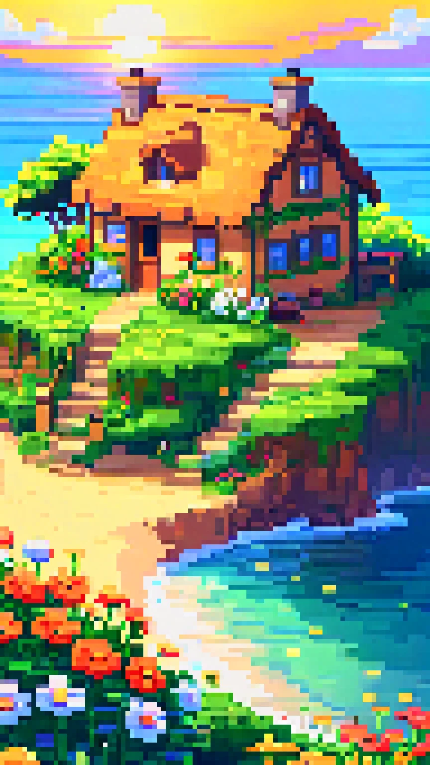 pixel art, 32 bit, a small countryside cottage perched on the edge of a towering cliff overlooking a vast ocean. The scene is bathed in warm golden light as the sun sets, creating a sense of peaceful solitude and wonder. The cottage is surrounded by lush greenery and colorful wildflowers, adding to the picturesque beauty. The level of detail is extraordinary, with intricate texture that brings the entire scene to life