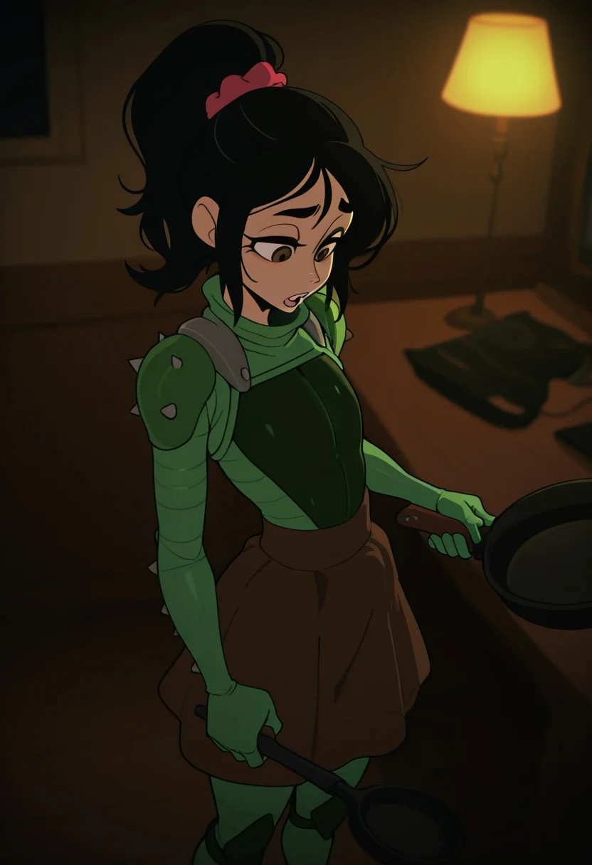 , , masterpiece, best quality,, amazing quality, ,,(artist:bongfill:0.8), DevManV1.0-IL,interesting perspective,gloomy light,high contrast, ,deep shadows, depth of field, sharp details,dark area, rich textures,hair scrunchie,bangs, amazing quality, 1girl, solo, (,vanellope von schweetz),(beautiful brown eyes:1.4),black hair,ponytail,green robotic bodysuit,green robot armor,l,brown skirt, standing,solo,looking down, high angle, open mouth, dynamic background,flat chest,rich manor, vintage furniture, lamps, holding frying pan, side angle, eyes down